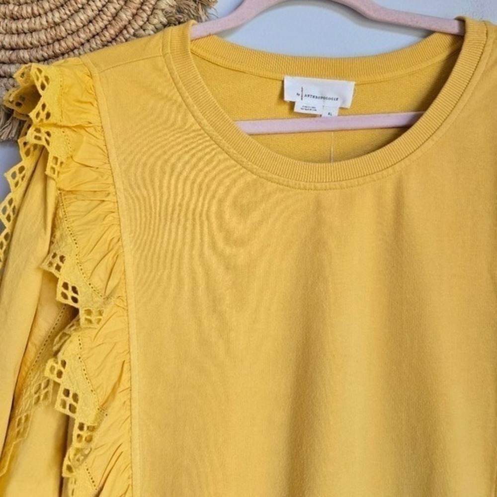 Anthropologie NEW Marigold Yellow Eyelet Ruffle Sleeve Sweatshirt SZ XL Cottage - Picture 5 of 14